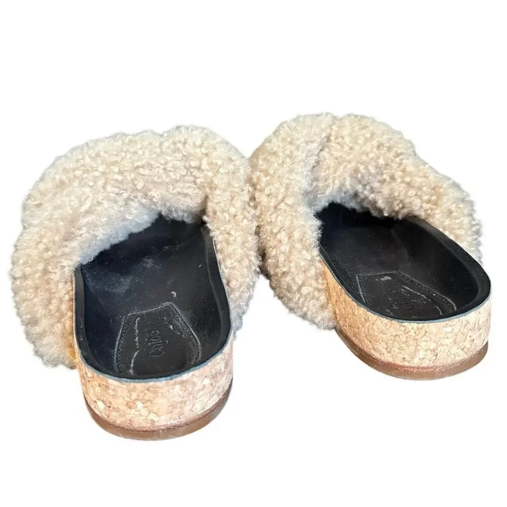 Chloe Kerenn Beige Fur Shearling Cork Slides Sandals Size 36 EU Size 6 US